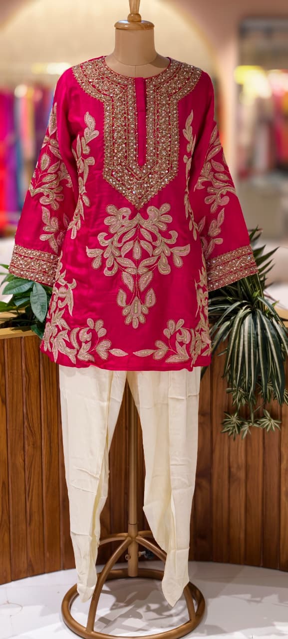 Designer Elegant Embroidery Work Bright Kurta With Tulip Pant Set- 13576