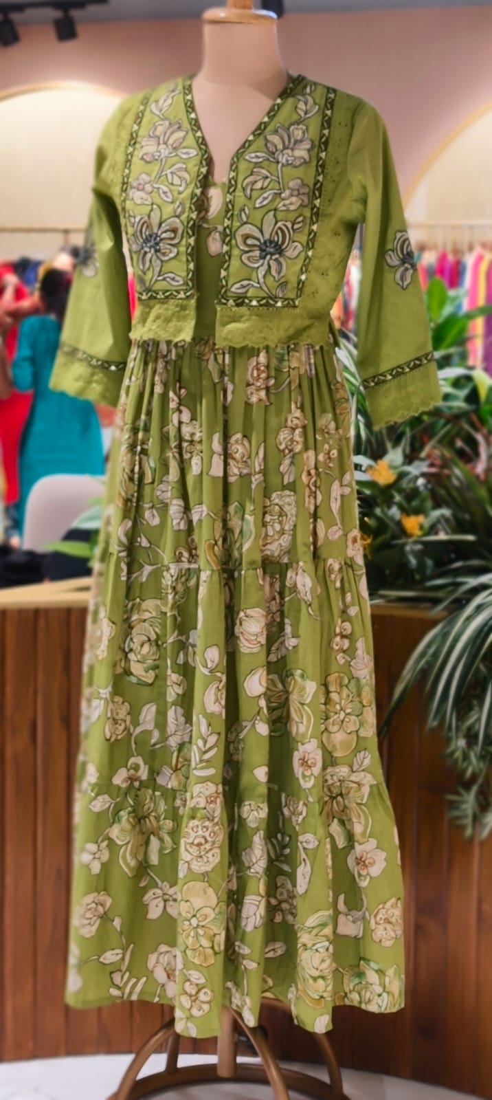 Spring Flora Embroidered Jacket With Printed Gown In Cotton Fabric- 13587