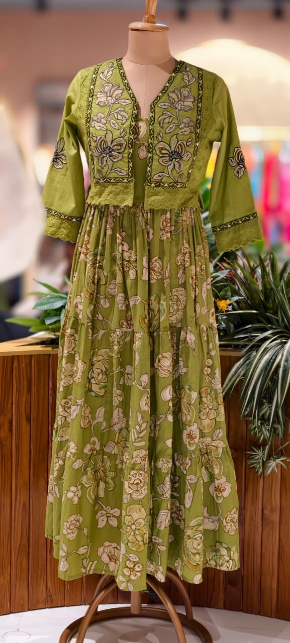 Spring Flora Embroidered Jacket With Printed Gown In Cotton Fabric- 13587