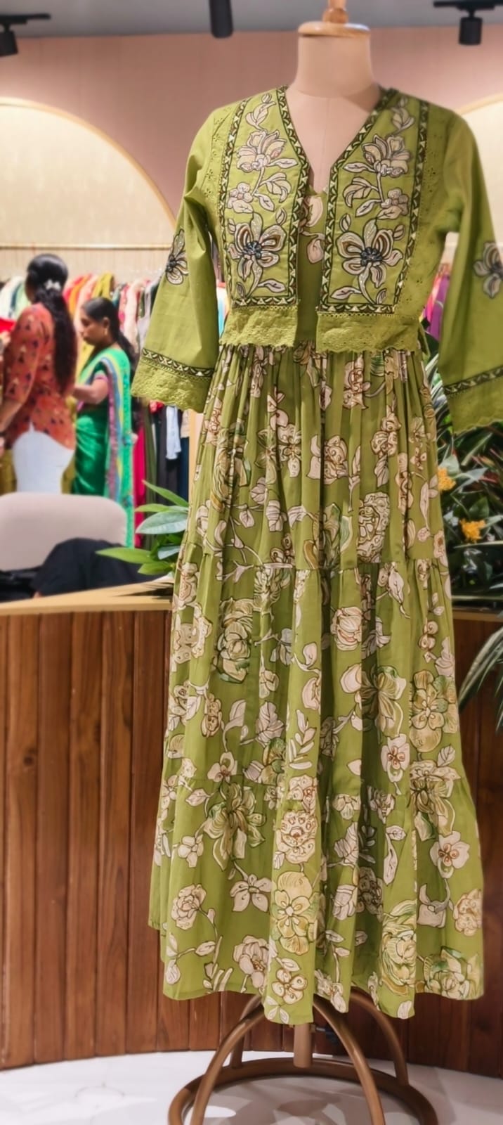 Spring Flora Embroidered Jacket With Printed Gown In Cotton Fabric- 13587