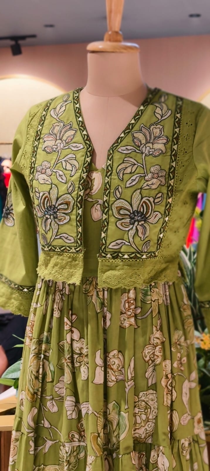 Spring Flora Embroidered Jacket With Printed Gown In Cotton Fabric- 13587