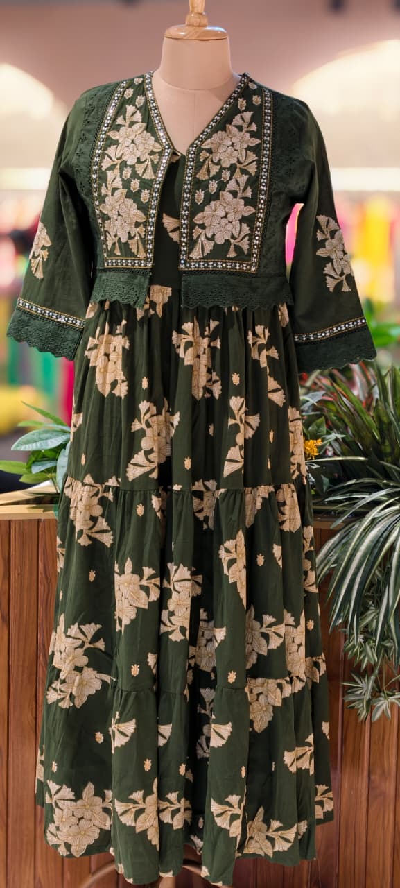 Beautiful Cut-Works Lace Bordered Jacket With Printed Gown In Cotton Fabric- 13588