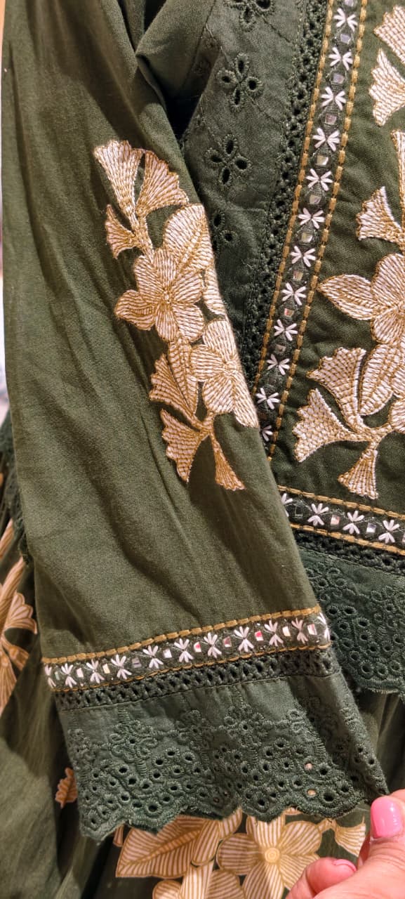 Beautiful Cut-Works Lace Bordered Jacket With Printed Gown In Cotton Fabric- 13588