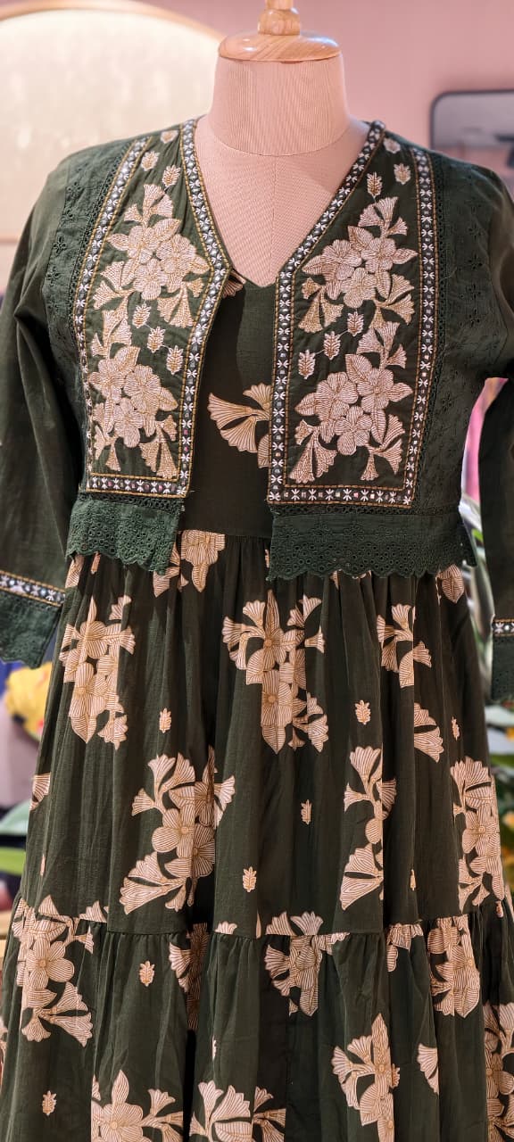 Beautiful Cut-Works Lace Bordered Jacket With Printed Gown In Cotton Fabric- 13588