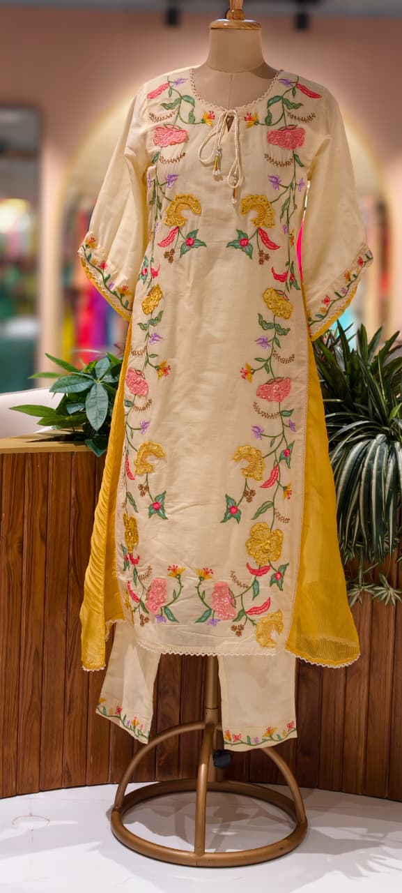 Floral Patch Look Embroidered Twin Color Slit Side A-Line Full Suit Set With Dupatta In Checks Cotton Fabric- 13575