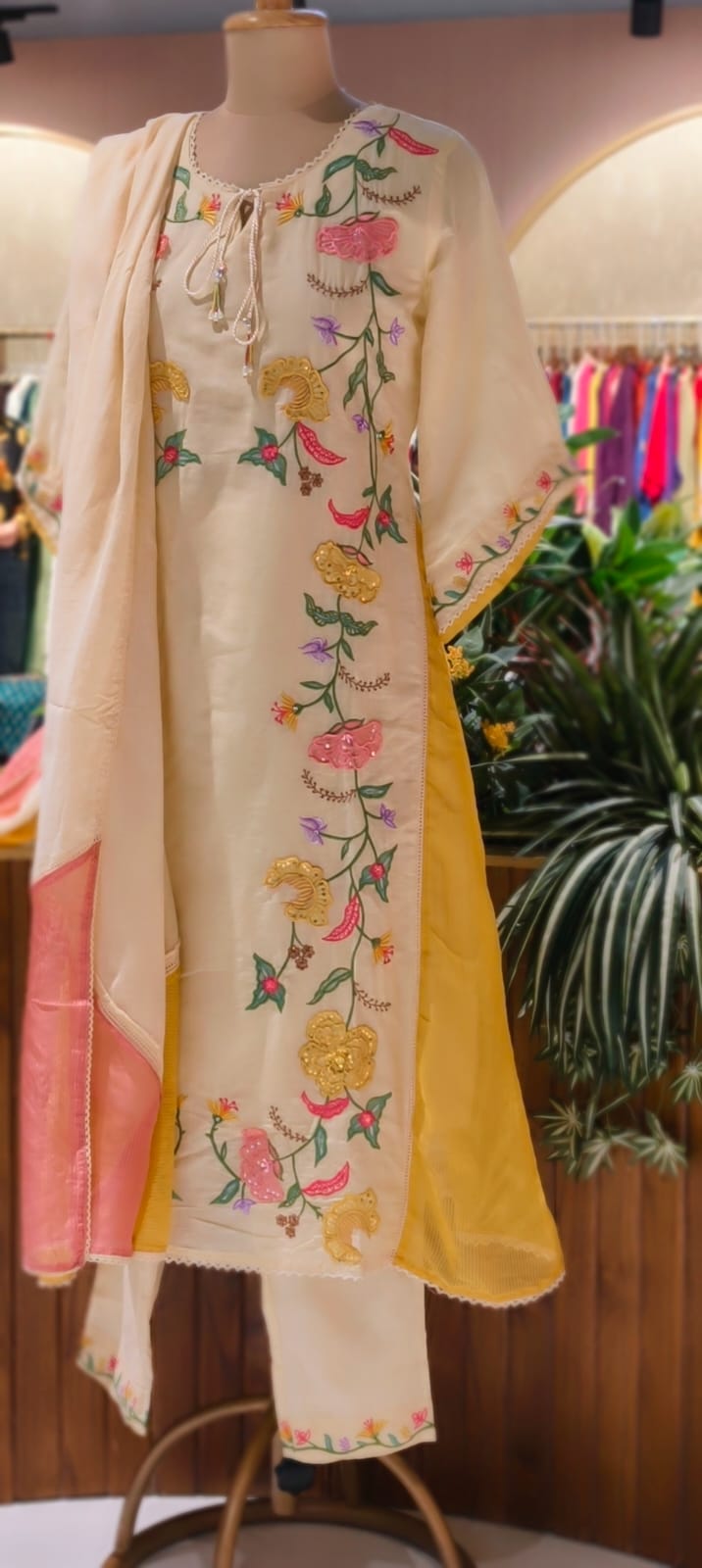 Floral Patch Look Embroidered Twin Color Slit Side A-Line Full Suit Set With Dupatta In Checks Cotton Fabric- 13575