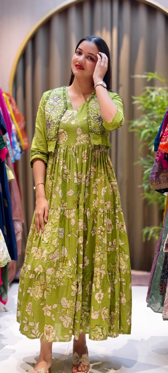 Spring Flora Embroidered Jacket With Printed Gown In Cotton Fabric- 13587