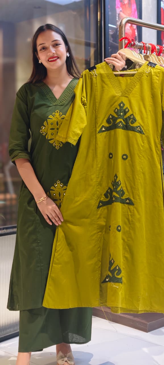 Smart Embroidery Pleated V-Neck A-Line Cotton Kurta Pant Set- 13549