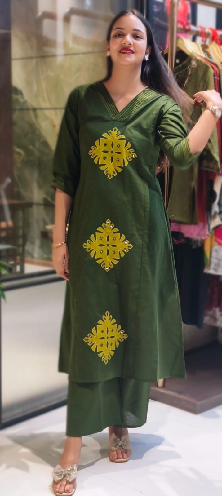 Smart Embroidery Pleated V-Neck A-Line Cotton Kurta Pant Set- 13549