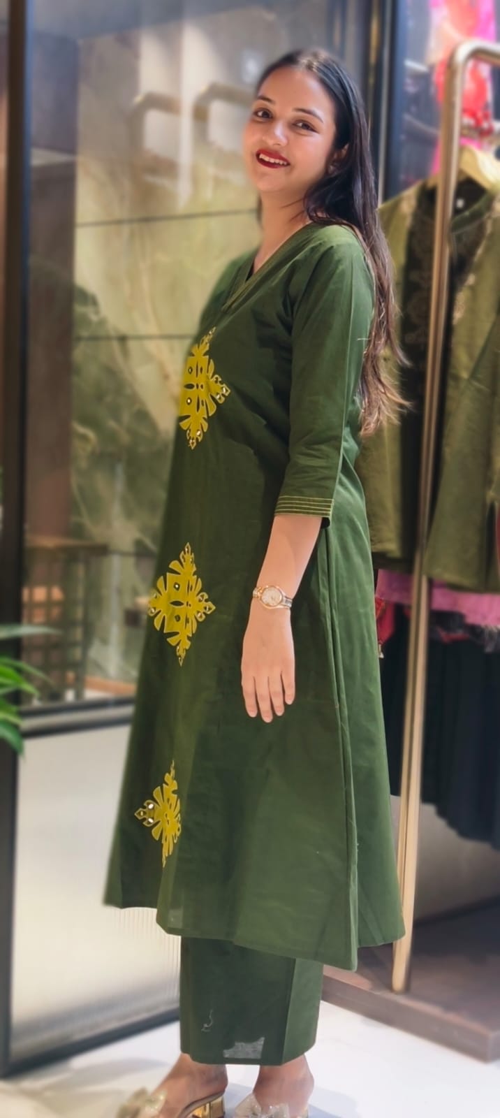 Smart Embroidery Pleated V-Neck A-Line Cotton Kurta Pant Set- 13549