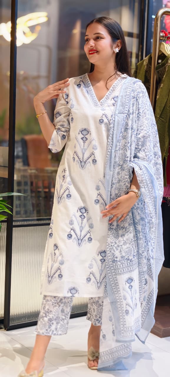 Soft Tone Summer Friendly Printed Cotton Full Suit Set With Dupatta- 13566