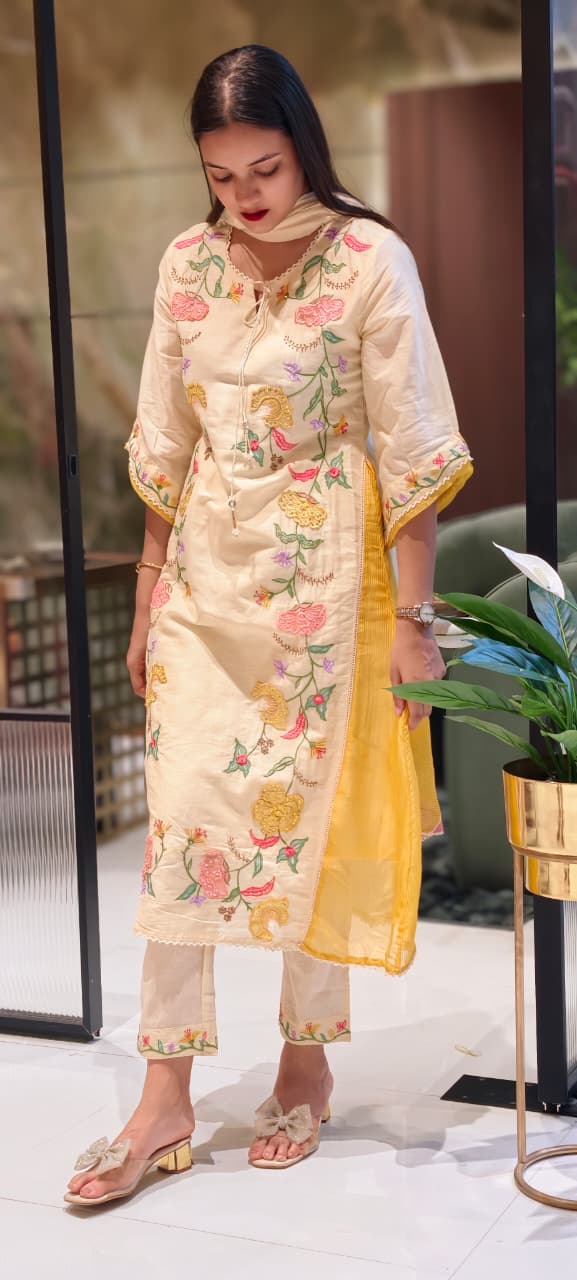 Floral Patch Look Embroidered Twin Color Slit Side A-Line Full Suit Set With Dupatta In Checks Cotton Fabric- 13575