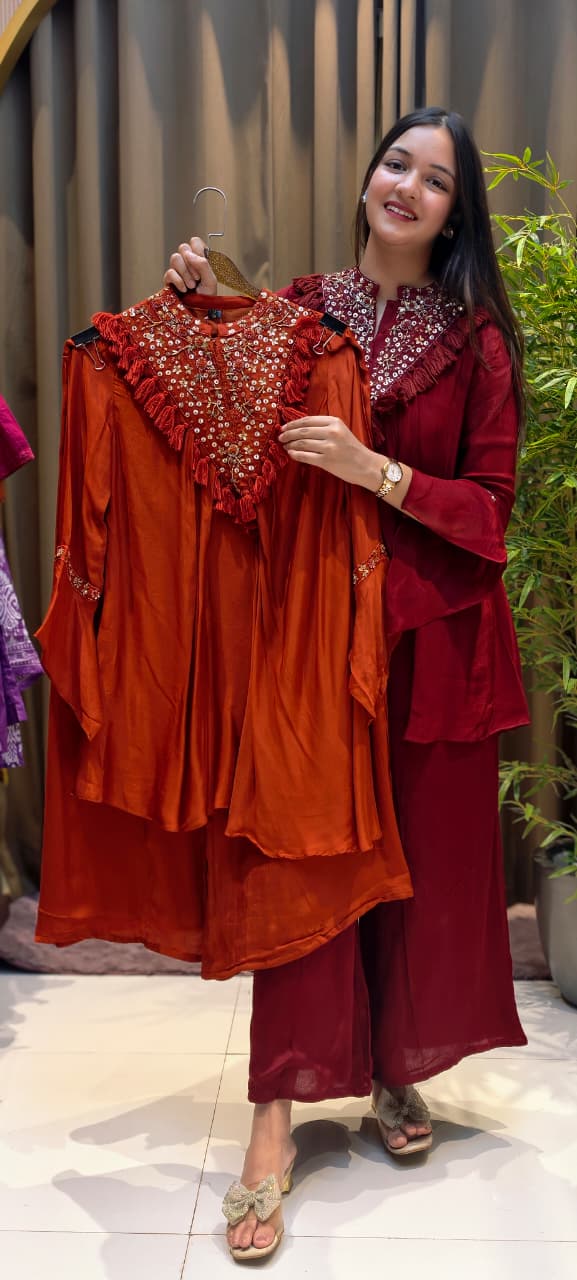 Stylish V-Yoke Boho Thread Look Indo Wear Kurta With Solid Bottom- 13551 RB212