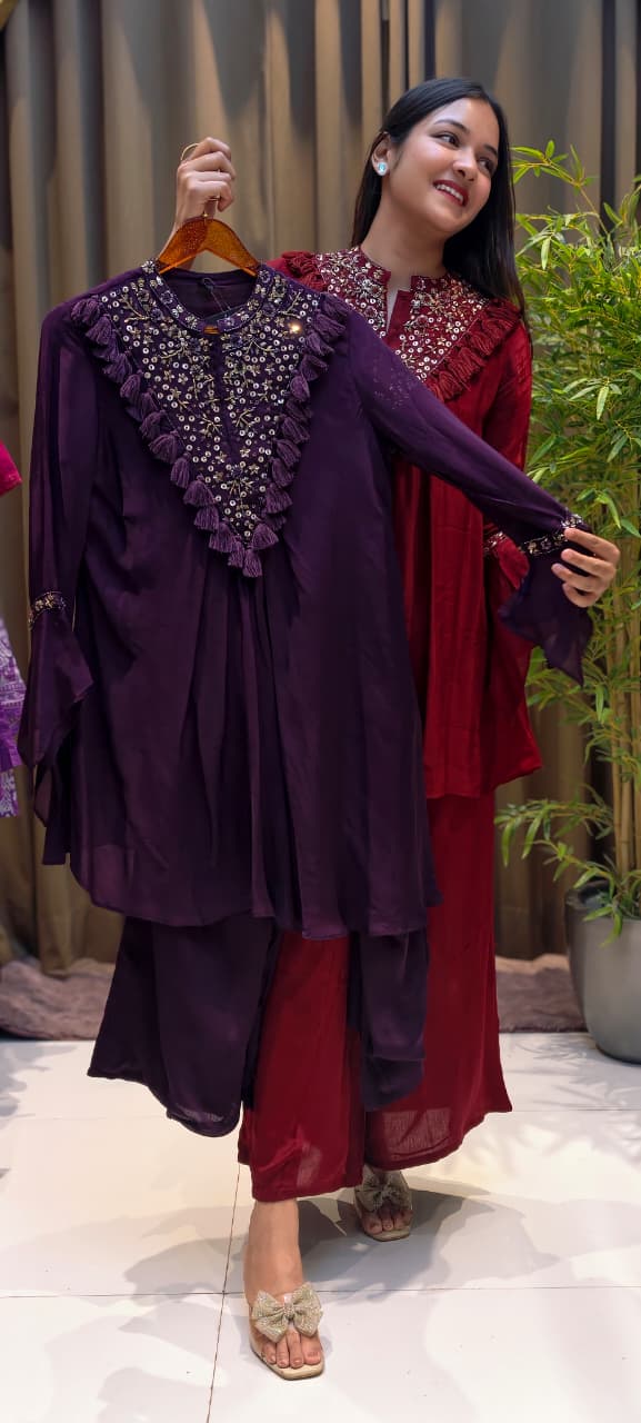 Stylish V-Yoke Boho Thread Look Indo Wear Kurta With Solid Bottom- 13551 RB212