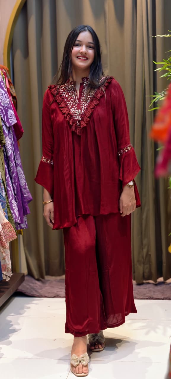 Stylish V-Yoke Boho Thread Look Indo Wear Kurta With Solid Bottom- 13551 RB212