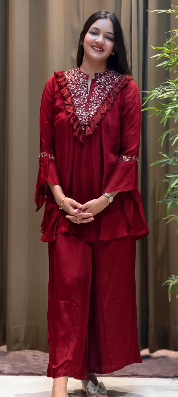 Stylish V-Yoke Boho Thread Look Indo Wear Kurta With Solid Bottom- 13551 RB212
