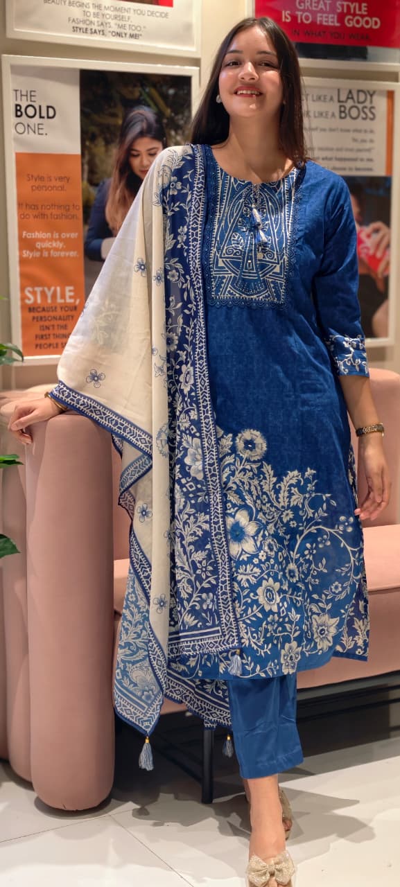 Beautiful Attractive Placement Print Cotton Full Suit Set With Dupatta- 13514