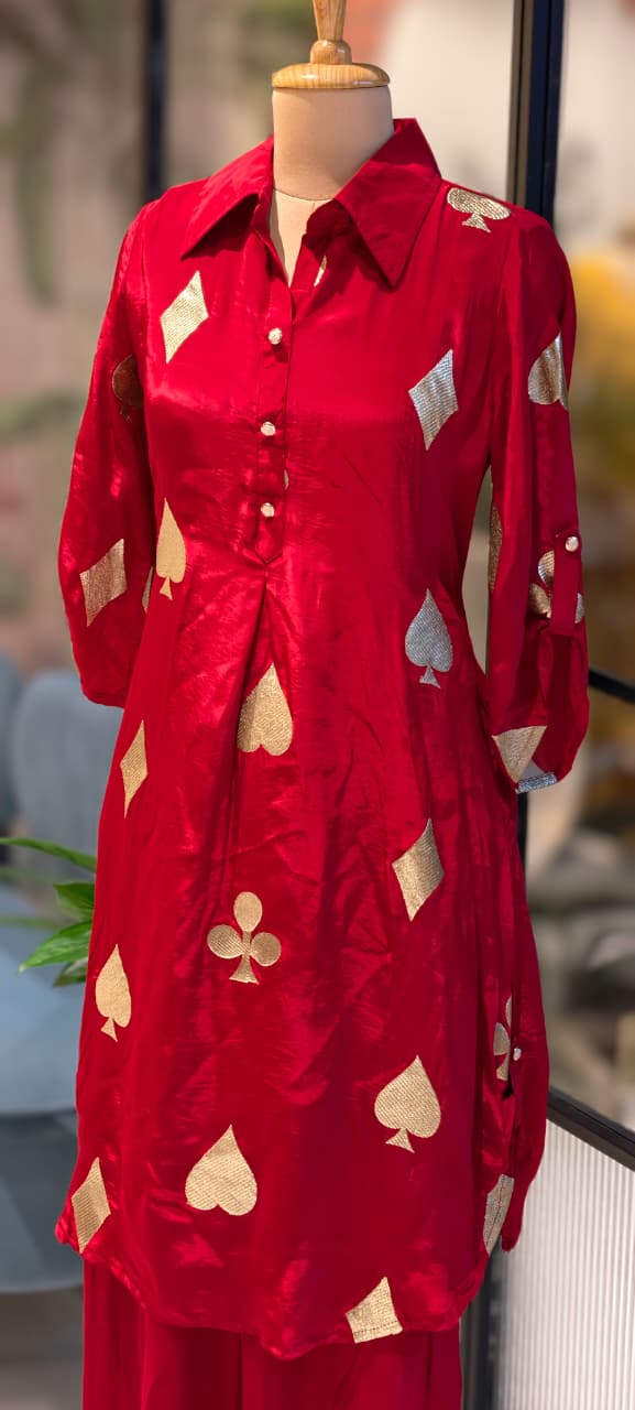 Solitaire Inspired Golden Highlight Vibrant Co-Ord Set In Crepe Fabric- 13599