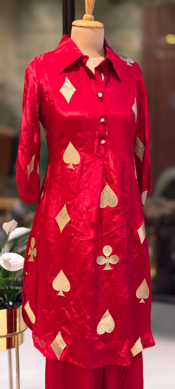 Solitaire Inspired Golden Highlight Vibrant Co-Ord Set In Crepe Fabric- 13599