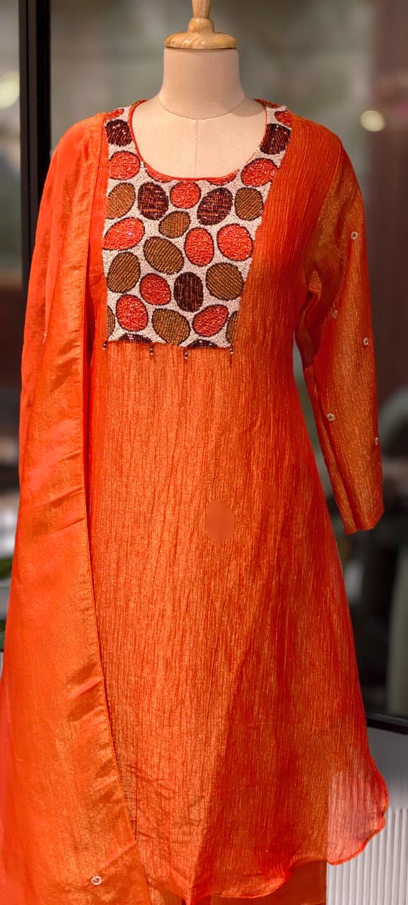 Very Unique Sequin Yoke Crush Elegance Tissue A-Line Full Suit Set With Dupatta- 13606