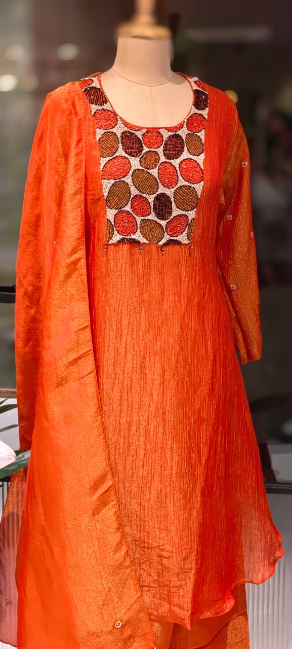 Very Unique Sequin Yoke Crush Elegance Tissue A-Line Full Suit Set With Dupatta- 13606