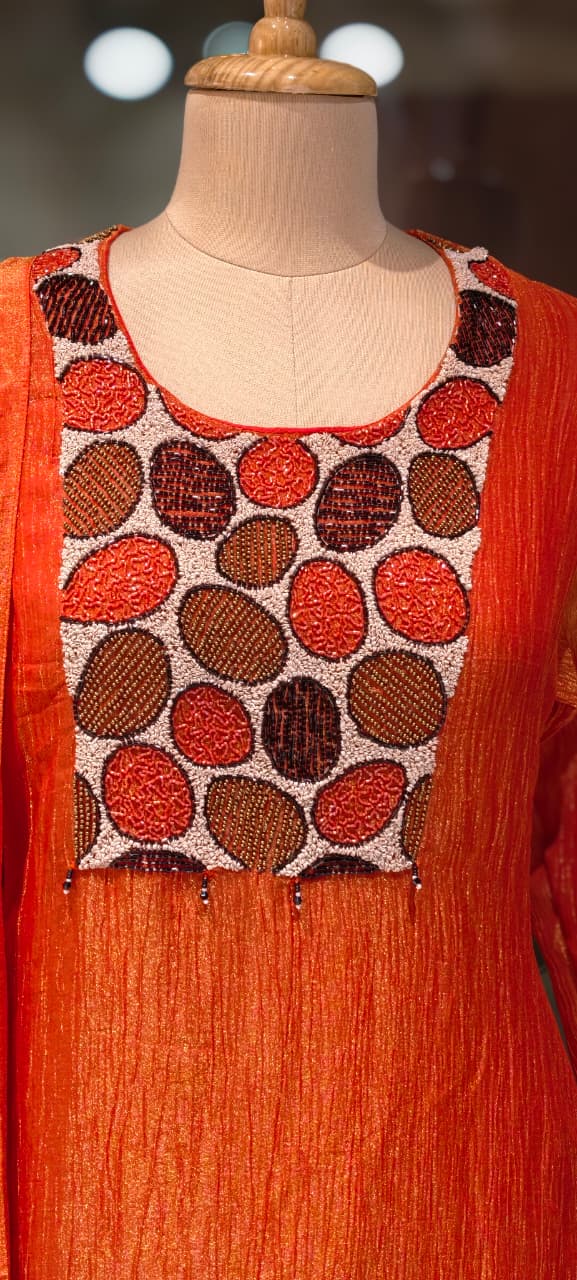 Very Unique Sequin Yoke Crush Elegance Tissue A-Line Full Suit Set With Dupatta- 13606