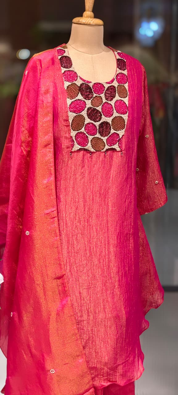 Very Unique Sequin Yoke Crush Elegance Tissue A-Line Full Suit Set With Dupatta- 13606