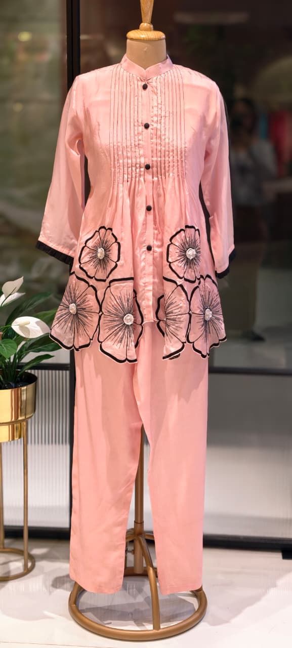 3D Floral Patch Look Pleated Front Design Matching Co-Ord Set In Organza Fabric-13612