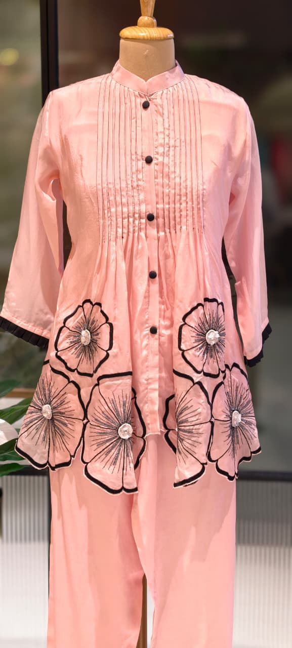 3D Floral Patch Look Pleated Front Design Matching Co-Ord Set In Organza Fabric-13612