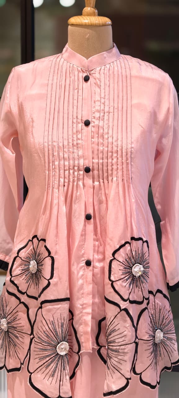 3D Floral Patch Look Pleated Front Design Matching Co-Ord Set In Organza Fabric-13612