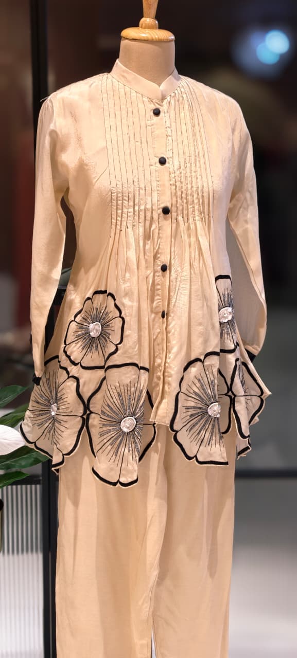 3D Floral Patch Look Pleated Front Design Matching Co-Ord Set In Organza Fabric-13612