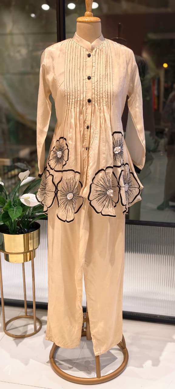 3D Floral Patch Look Pleated Front Design Matching Co-Ord Set In Organza Fabric-13612