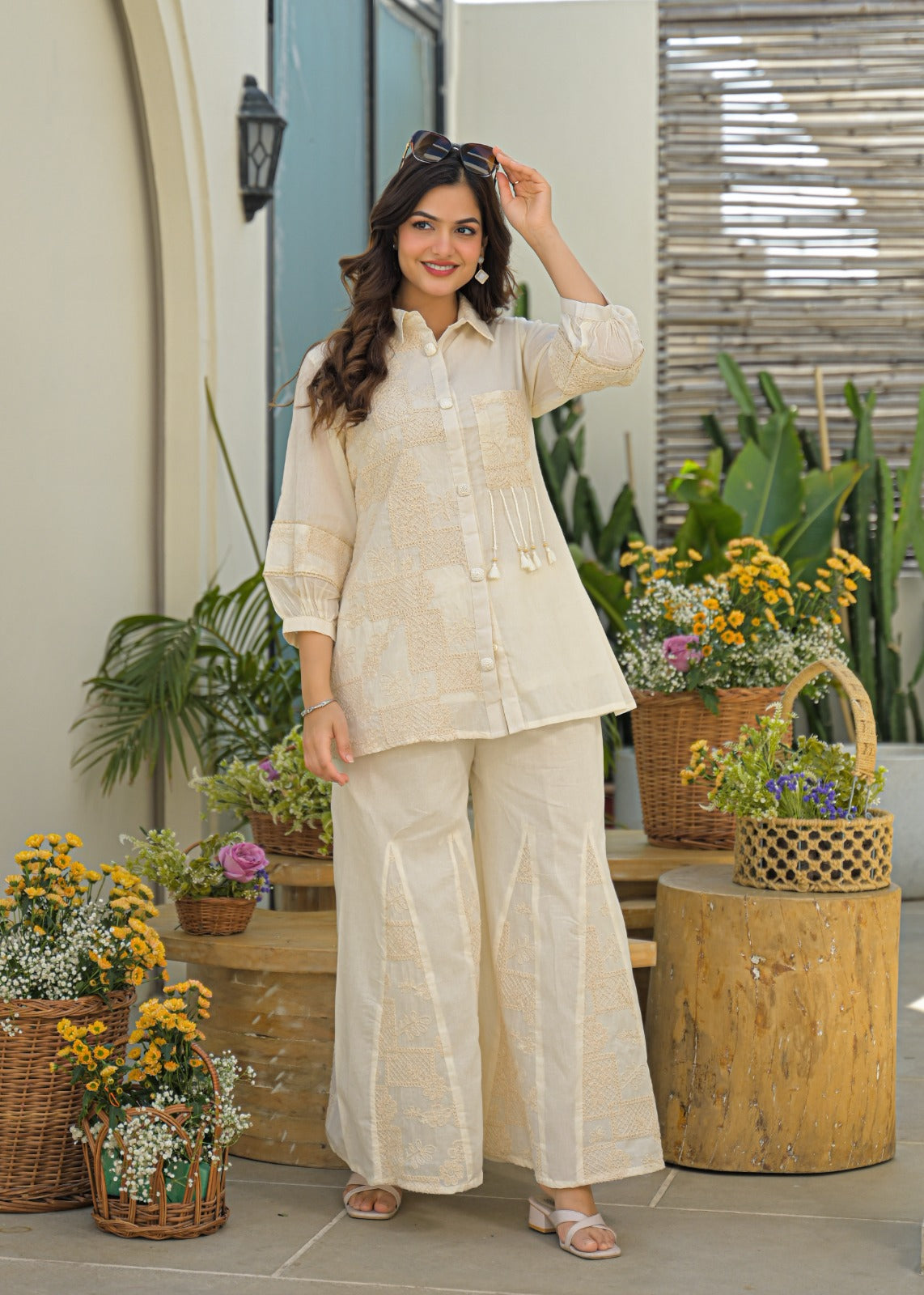 Serene Cream Heirloom Thread Embroidered Co-Ord Set In Kora Cotton Fabric- 13616