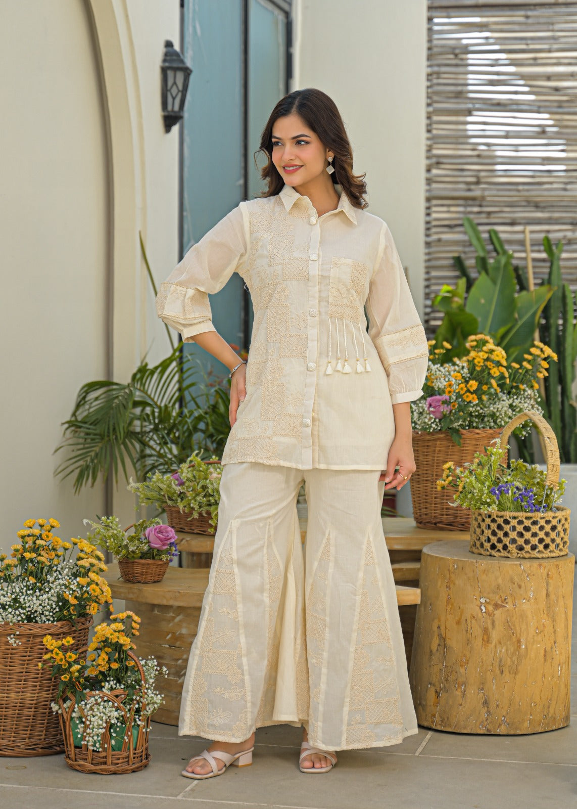 Serene Cream Heirloom Thread Embroidered Co-Ord Set In Kora Cotton Fabric- 13616