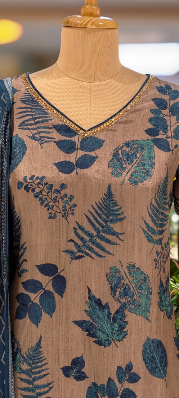 Botanical Blue Leaf Ensemble Printed Full Suit Set With Dupatta In Dola Silk Fabric- 13601