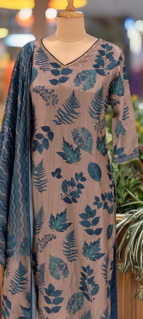 Botanical Blue Leaf Ensemble Printed Full Suit Set With Dupatta In Dola Silk Fabric- 13601