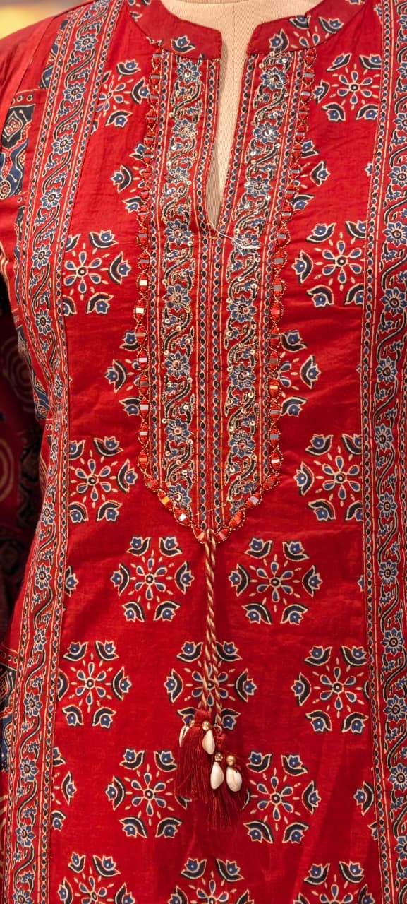Rajasthani Boho Print Minimal Neck Line Anarkali Full Suit Set With Dupatta In Cotton Fabric- 13590