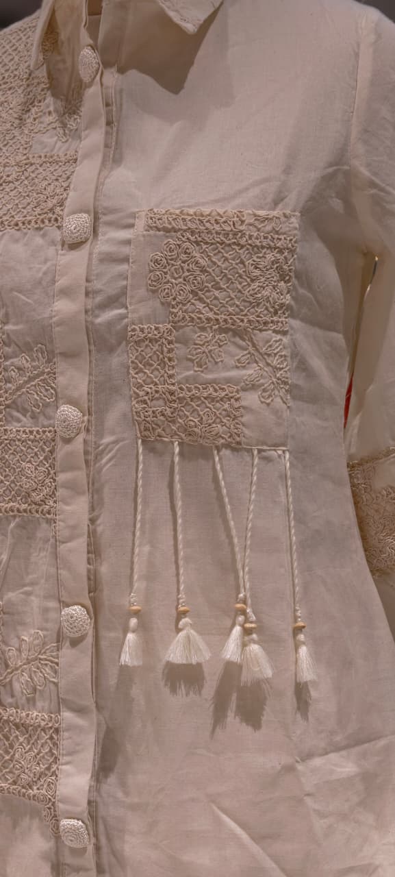 Serene Cream Heirloom Thread Embroidered Co-Ord Set In Kora Cotton Fabric- 13616