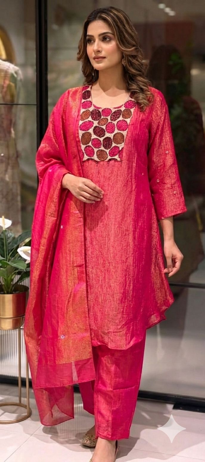 Very Unique Sequin Yoke Crush Elegance Tissue A-Line Full Suit Set With Dupatta- 13606