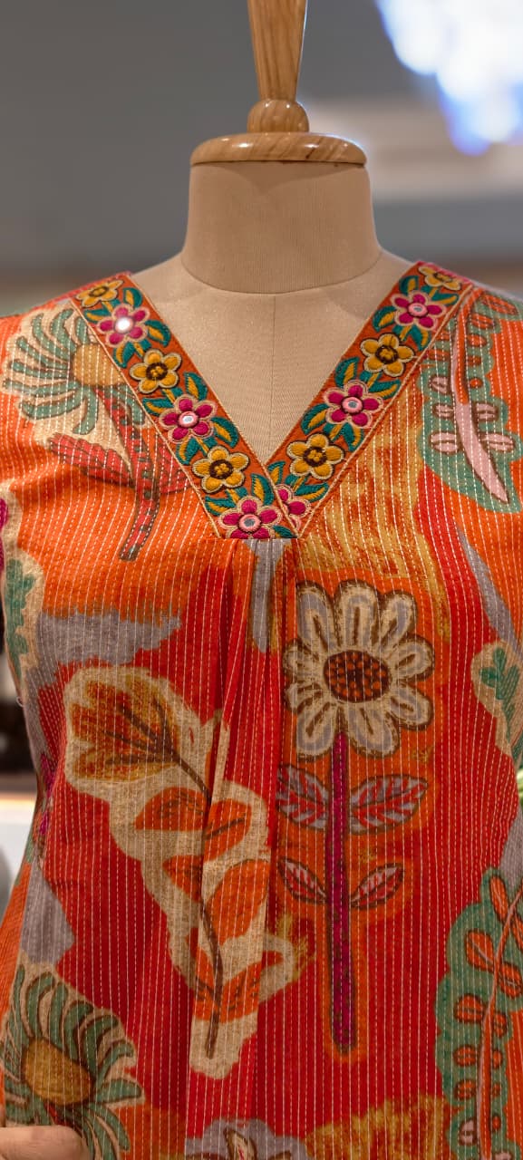 Cute Floral Patch Artistry Print Kurta Pant Set In Cotton Fabric- 13470