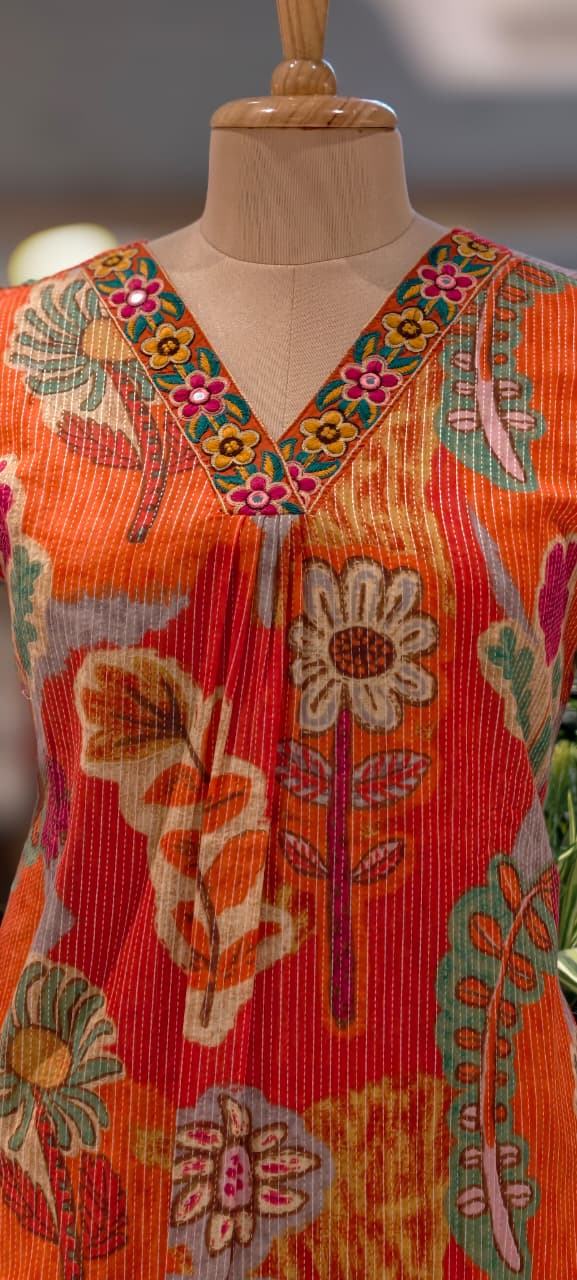 Cute Floral Patch Artistry Print Kurta Pant Set In Cotton Fabric- 13470