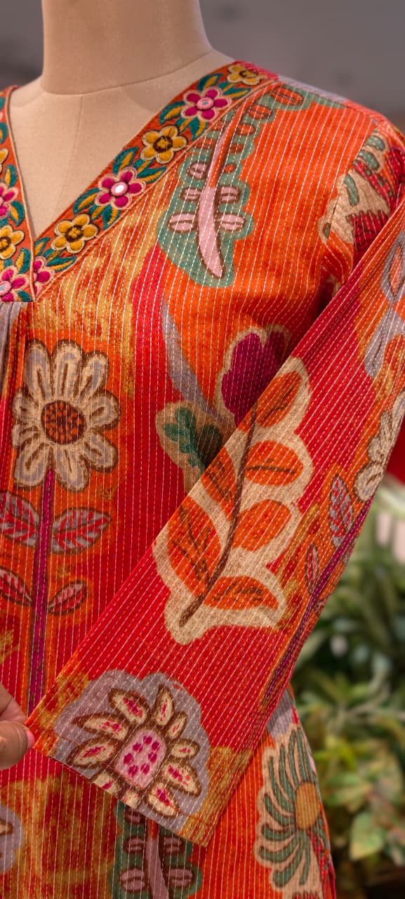 Cute Floral Patch Artistry Print Kurta Pant Set In Cotton Fabric- 13470