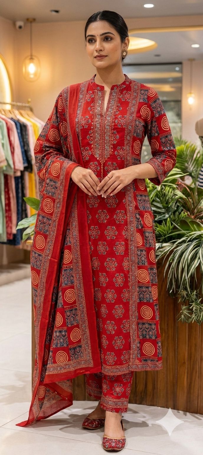 Rajasthani Boho Print Minimal Neck Line Anarkali Full Suit Set With Dupatta In Cotton Fabric- 13590