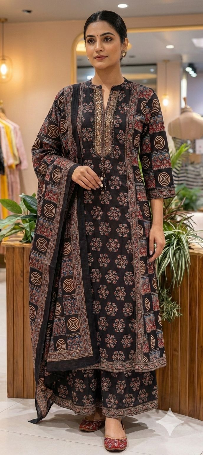 Rajasthani Boho Print Minimal Neck Line Anarkali Full Suit Set With Dupatta In Cotton Fabric- 13590