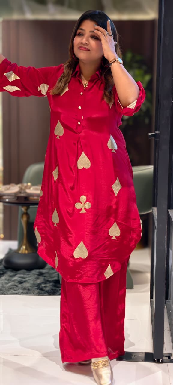 Solitaire Inspired Golden Highlight Vibrant Co-Ord Set In Crepe Fabric- 13599