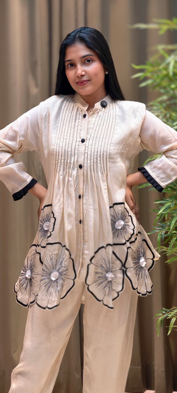 3D Floral Patch Look Pleated Front Design Matching Co-Ord Set In Organza Fabric-13612