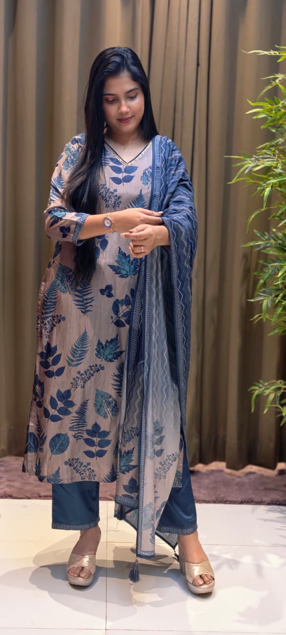 Botanical Blue Leaf Ensemble Printed Full Suit Set With Dupatta In Dola Silk Fabric- 13601