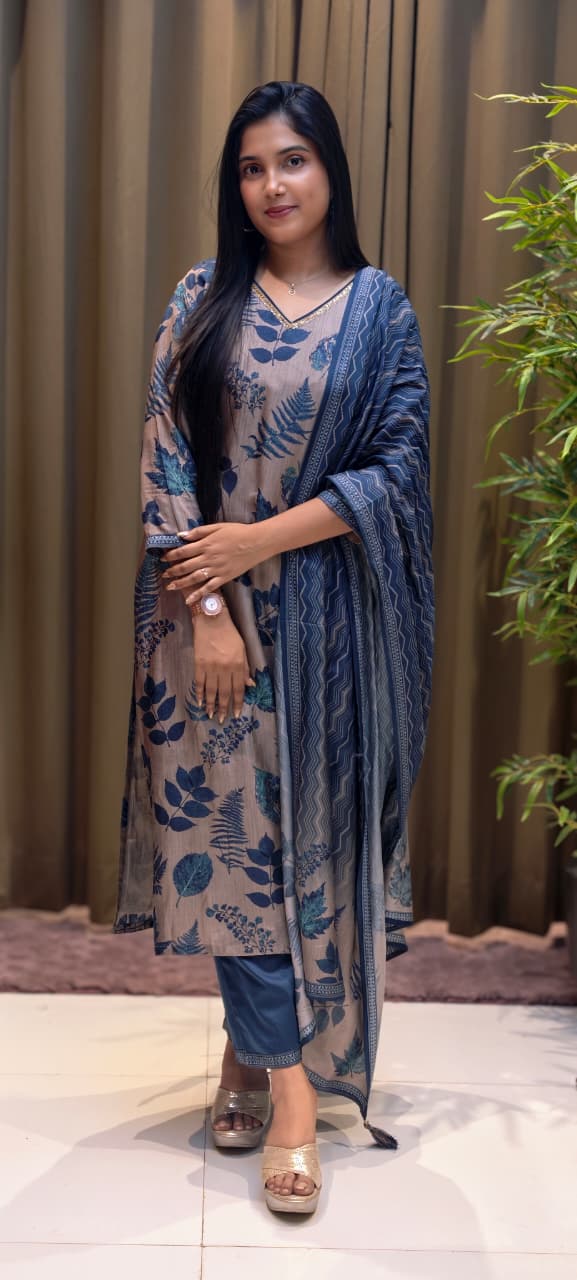 Botanical Blue Leaf Ensemble Printed Full Suit Set With Dupatta In Dola Silk Fabric- 13601
