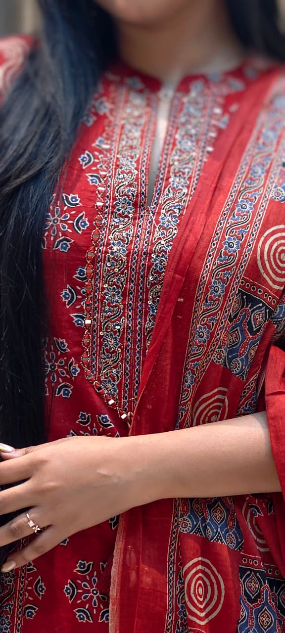 Rajasthani Boho Print Minimal Neck Line Anarkali Full Suit Set With Dupatta In Cotton Fabric- 13590