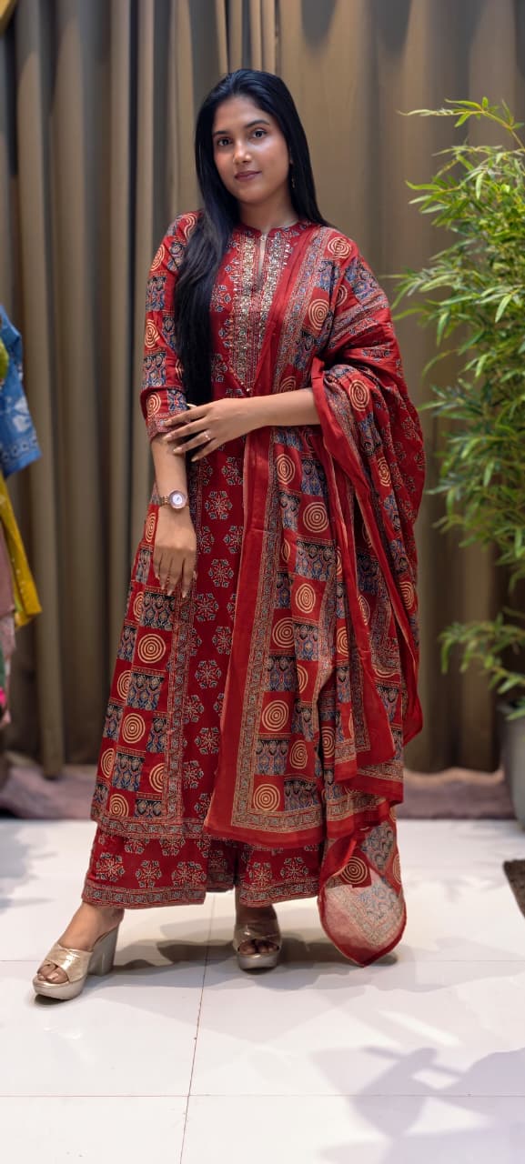 Rajasthani Boho Print Minimal Neck Line Anarkali Full Suit Set With Dupatta In Cotton Fabric- 13590